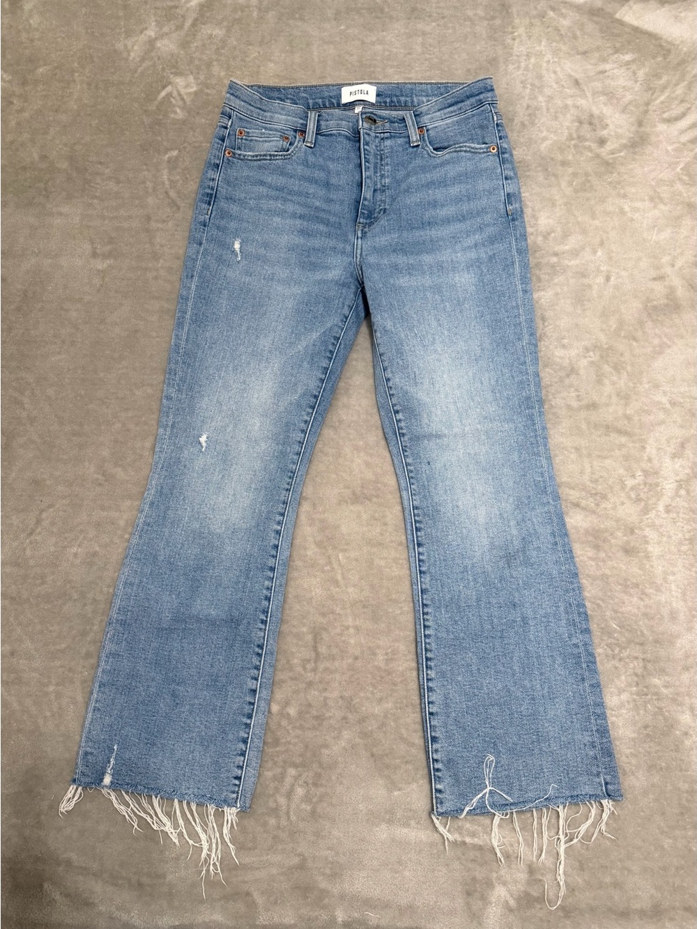 Pistola High Rise Cropped Flare Jeans Distressed Raw Frayed Hem Blue Size 27